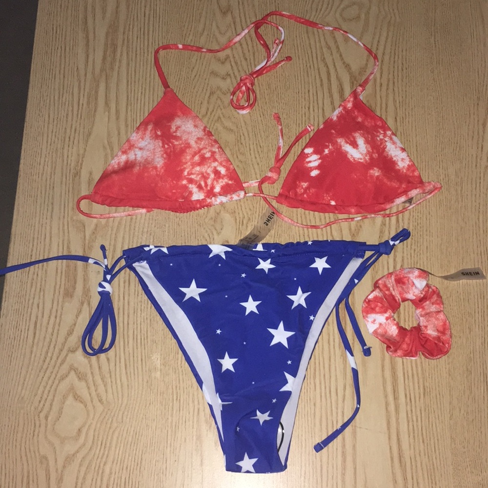 New Women's 3pc Shein Patriotic American Flag Swimsuit Bikini Medium & Large